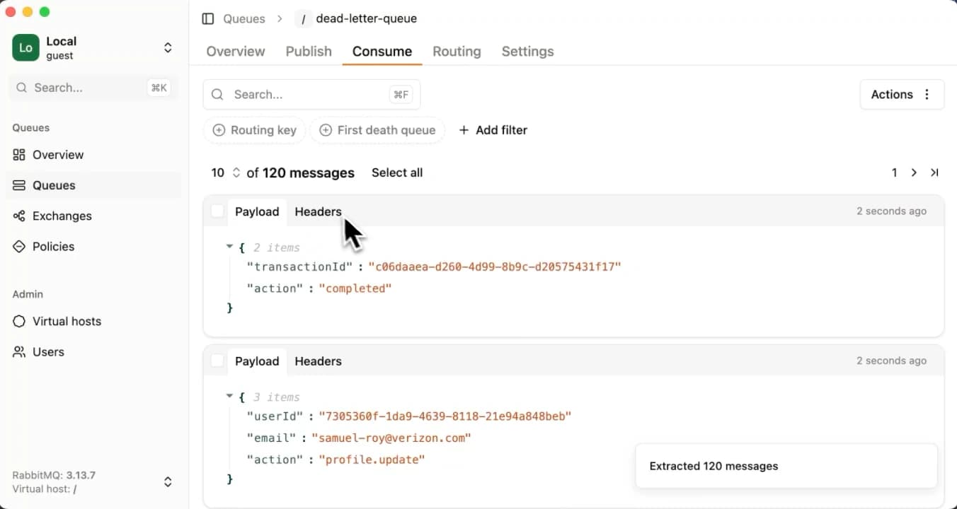 A screeshot of RabbitGUI, a Mac IDE to manage RabbitMQ dead-letter queues